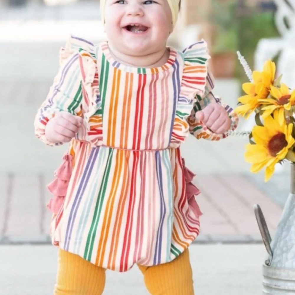 Ruffle Butts Rainbow Stripe Ruffle Long Sleeve Bodysuit, Baby Girl 3–6M Romper